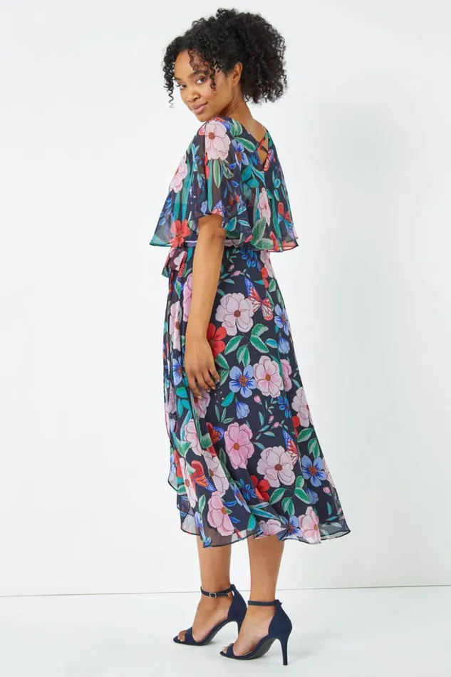 Women Navy Petite Floral Chiffon Cape Dress Roman Dresses