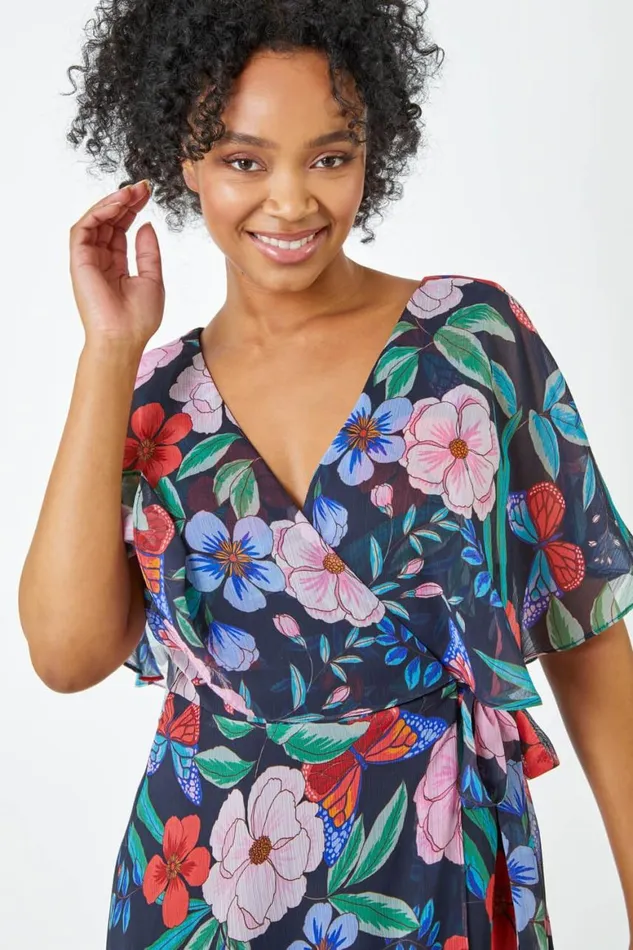 Women Navy Petite Floral Chiffon Cape Dress Roman Dresses