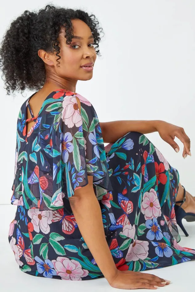 Women Navy Petite Floral Chiffon Cape Dress Roman Dresses