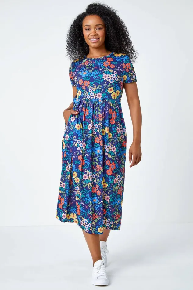 Women Navy Petite Floral Print Midi Stretch Dress Roman Dresses