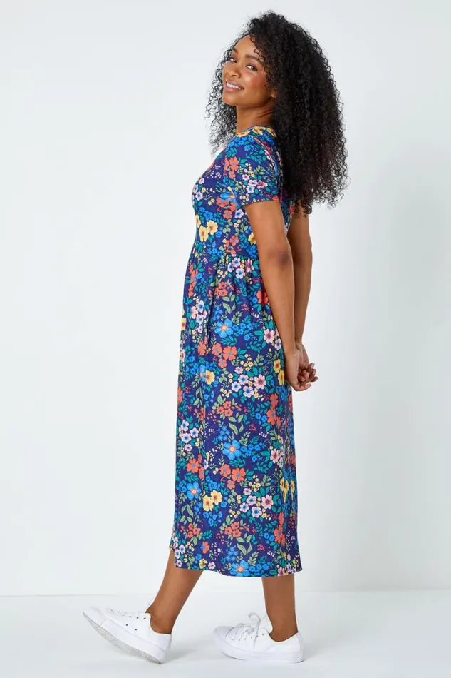Women Navy Petite Floral Print Midi Stretch Dress Roman Dresses