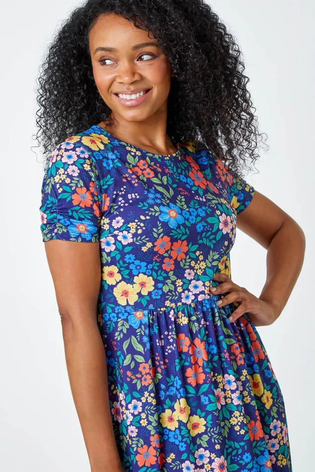 Women Navy Petite Floral Print Midi Stretch Dress Roman Dresses