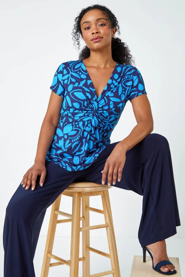 Women Navy Petite Floral Twist VNeck Stretch Top Roman Tops