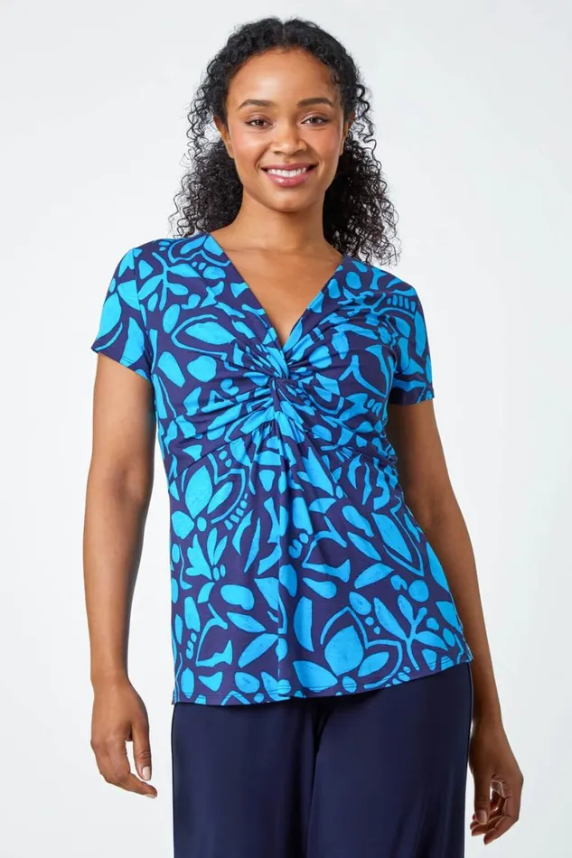 Women Navy Petite Floral Twist VNeck Stretch Top Roman Tops