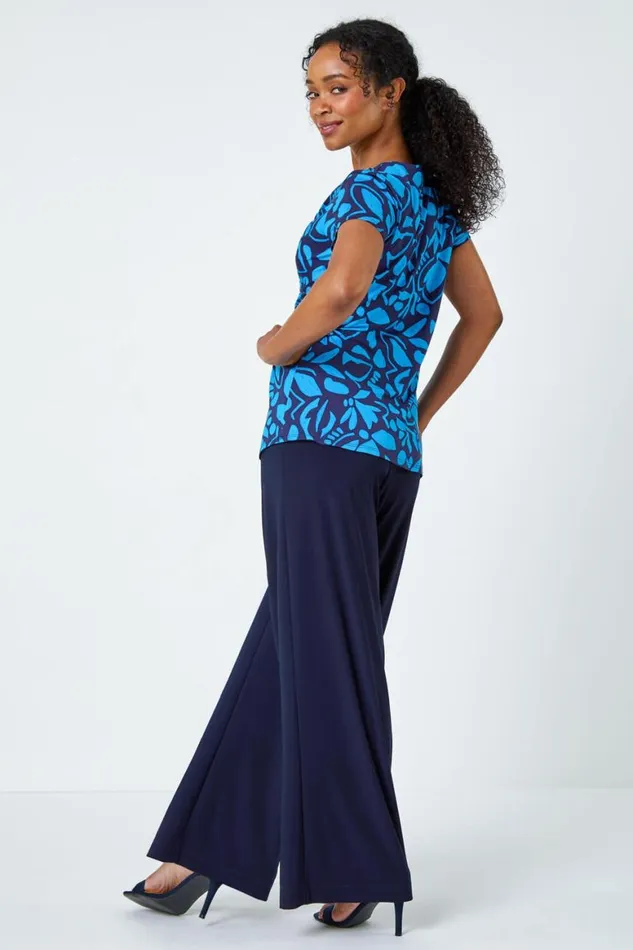 Women Navy Petite Floral Twist VNeck Stretch Top Roman Tops
