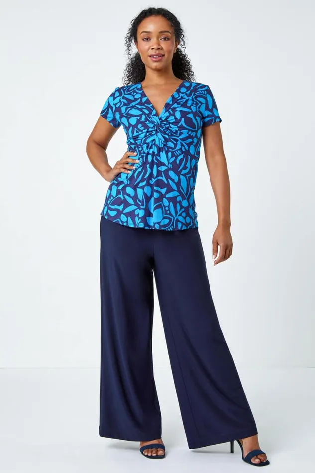 Women Navy Petite Floral Twist VNeck Stretch Top Roman Tops