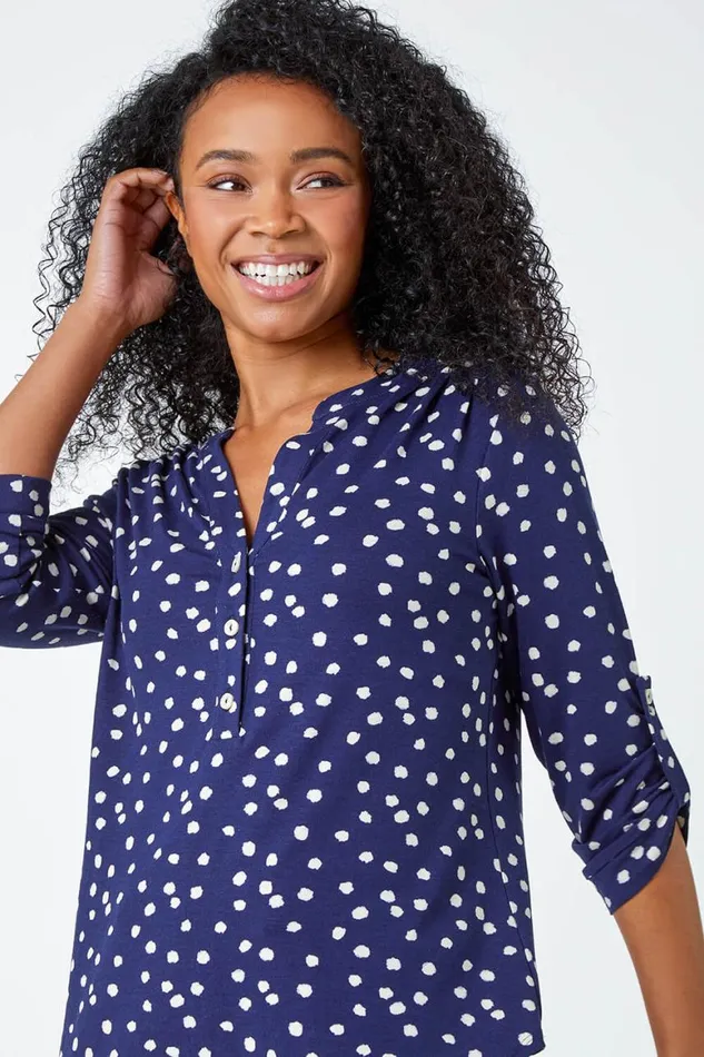 Women Navy Petite Polka Dot Stretch Button Detail Shirt Roman Tops