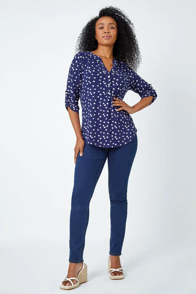 Women Navy Petite Polka Dot Stretch Button Detail Shirt Roman Tops