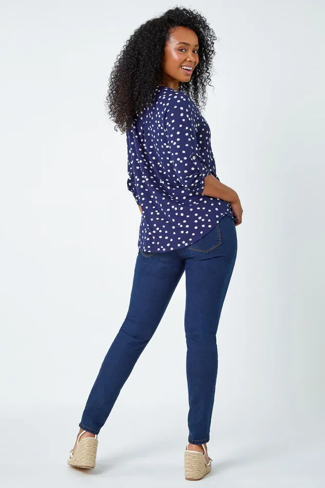 Women Navy Petite Polka Dot Stretch Button Detail Shirt Roman Tops