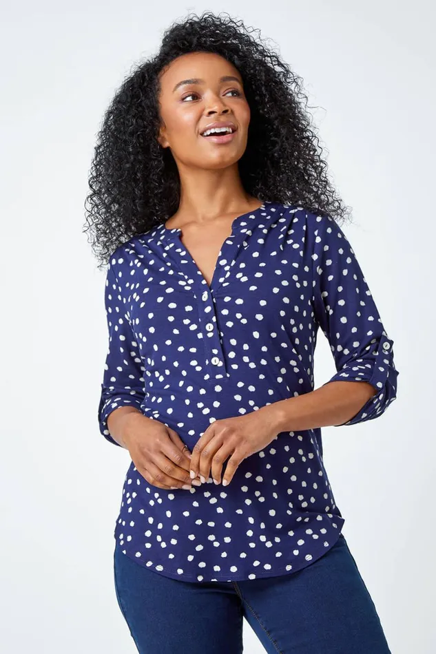 Women Navy Petite Polka Dot Stretch Button Detail Shirt Roman Tops