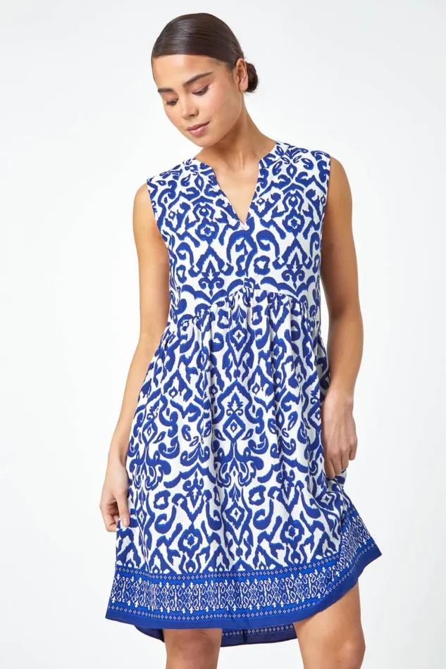 Women Navy Petite Sleeveless Aztec Print Tunic Dress Roman Dresses