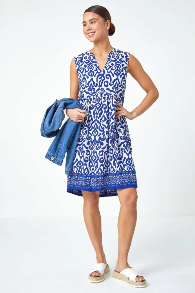 Women Navy Petite Sleeveless Aztec Print Tunic Dress Roman Dresses