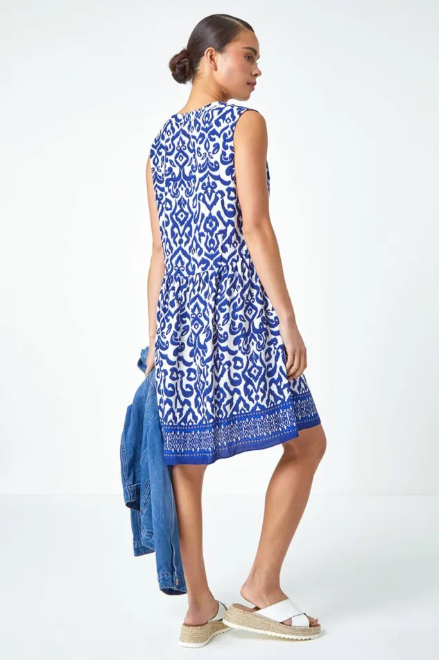 Women Navy Petite Sleeveless Aztec Print Tunic Dress Roman Dresses