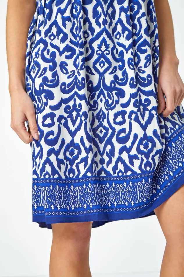 Women Navy Petite Sleeveless Aztec Print Tunic Dress Roman Dresses