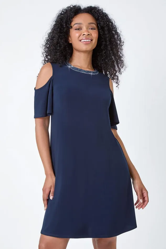 Women Navy Petite Sparkle Cold Shoulder Dress Roman Dresses