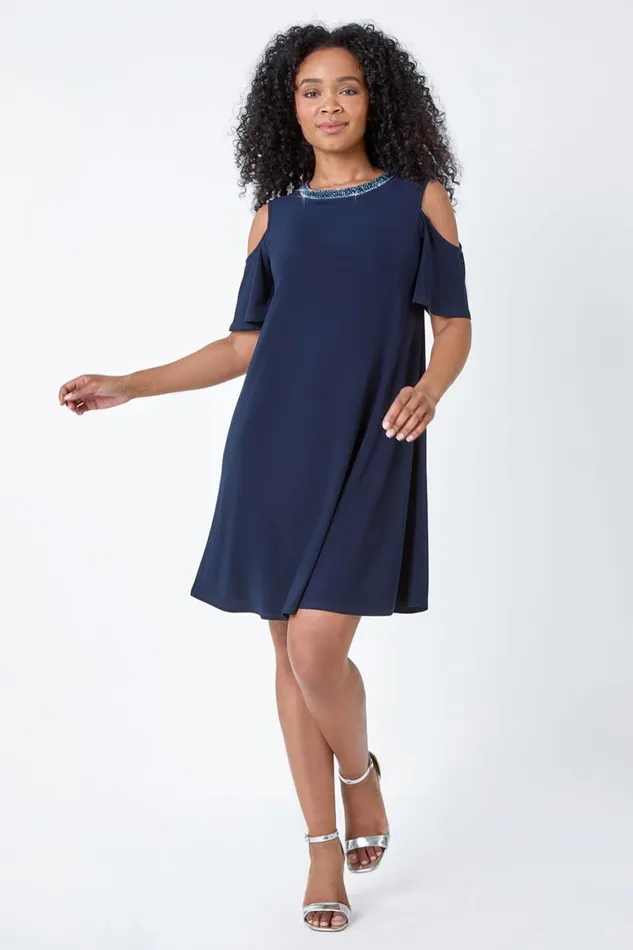 Women Navy Petite Sparkle Cold Shoulder Dress Roman Dresses