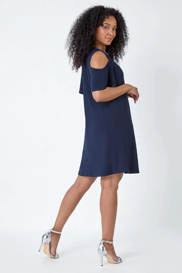 Women Navy Petite Sparkle Cold Shoulder Dress Roman Dresses