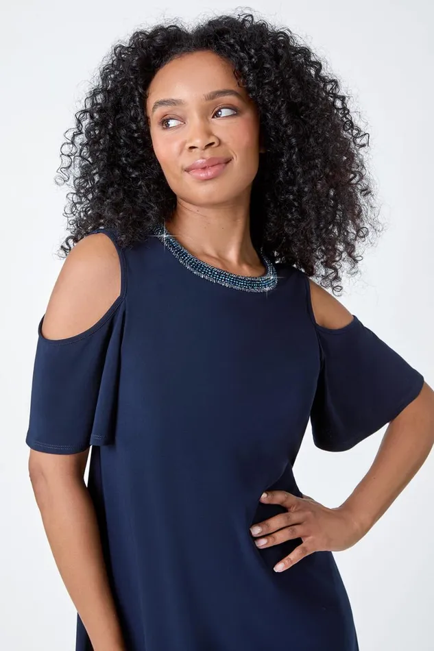 Women Navy Petite Sparkle Cold Shoulder Dress Roman Dresses