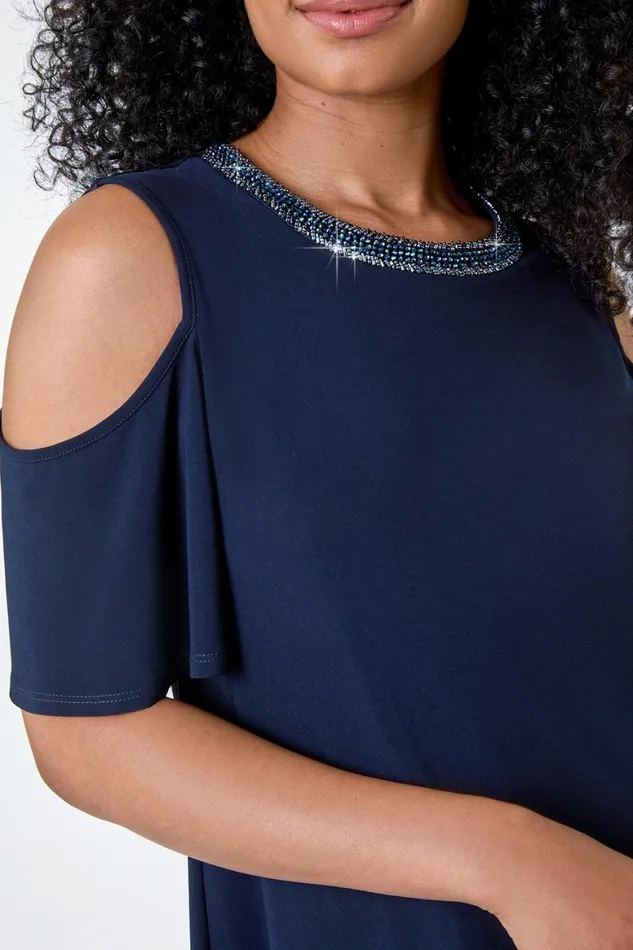 Women Navy Petite Sparkle Cold Shoulder Dress Roman Dresses