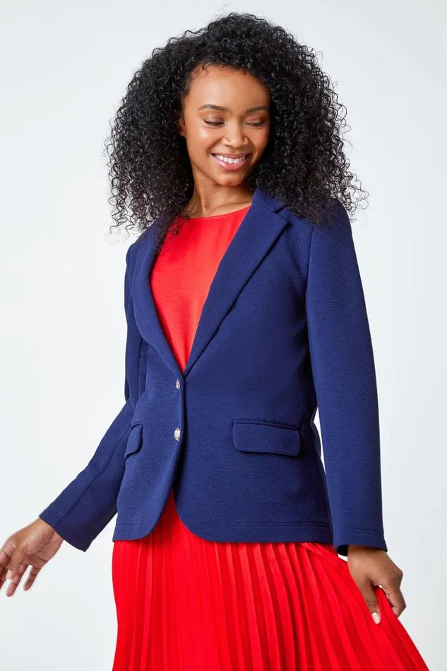 Women Navy Petite Textured Stretch Blazer Roman Jackets