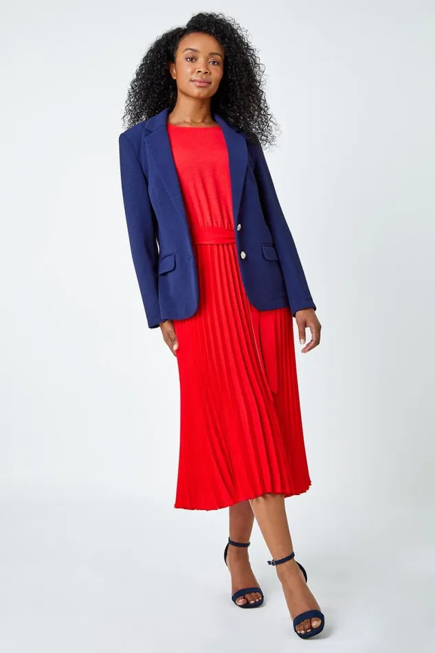 Women Navy Petite Textured Stretch Blazer Roman Jackets