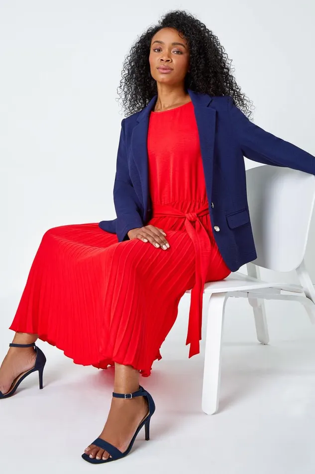Women Navy Petite Textured Stretch Blazer Roman Jackets