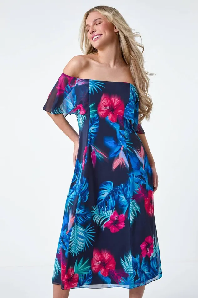 Women Navy Petite Tropical Floral Bardot Chiffon Dress Roman Dresses