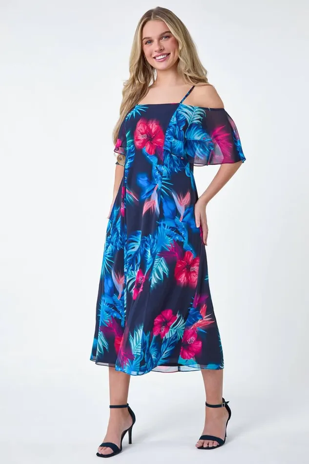 Women Navy Petite Tropical Floral Bardot Chiffon Dress Roman Dresses