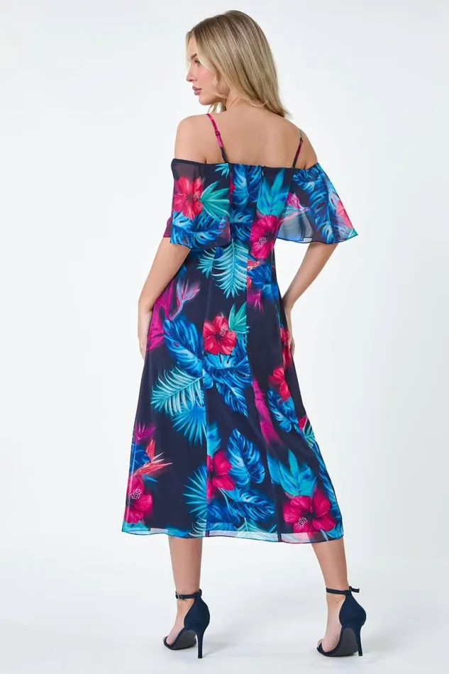 Women Navy Petite Tropical Floral Bardot Chiffon Dress Roman Dresses