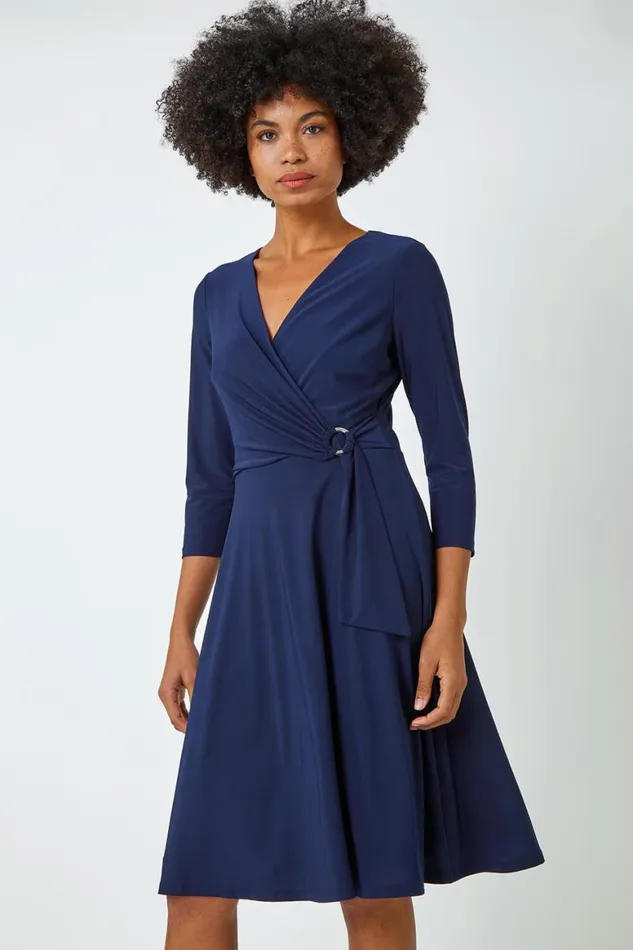 Women Navy Ring Buckle Wrap Stretch Dress Roman Dresses