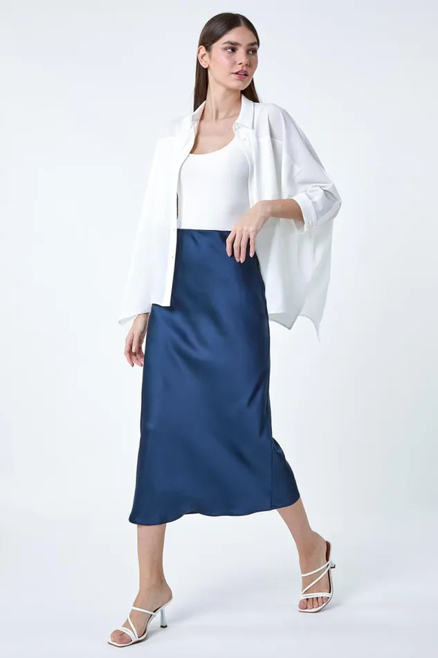 Women Navy Satin Bias Cut Elastic Waist Midi Skirt Roman Skirts