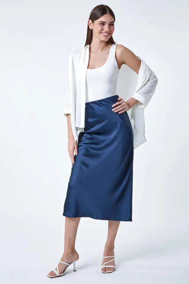 Women Navy Satin Bias Cut Elastic Waist Midi Skirt Roman Skirts