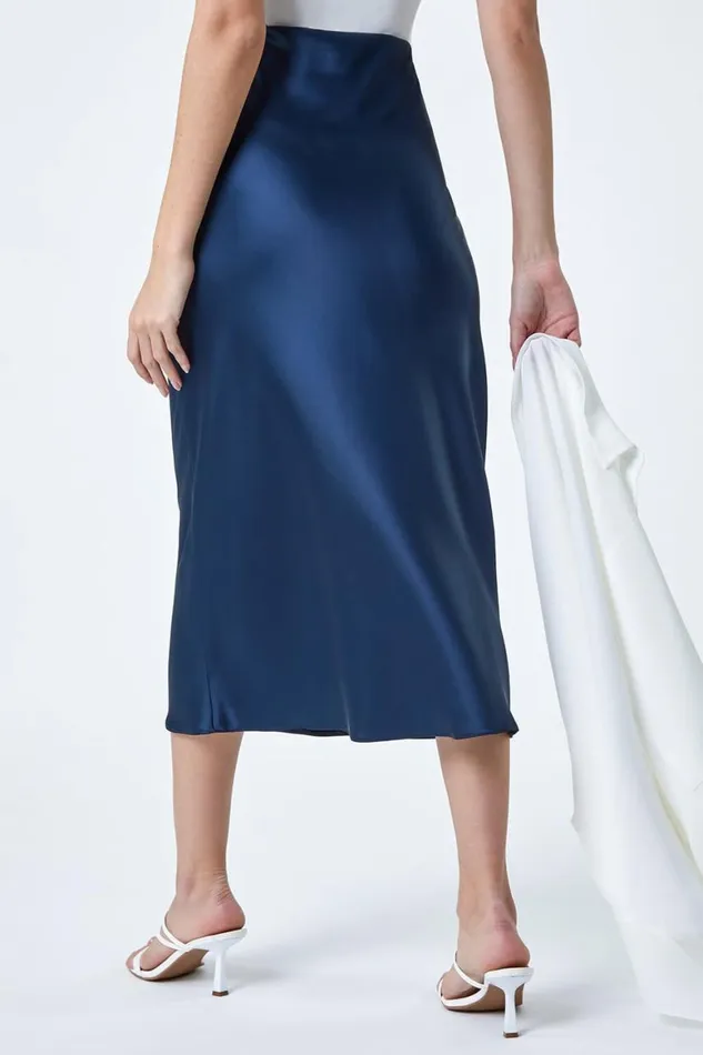 Women Navy Satin Bias Cut Elastic Waist Midi Skirt Roman Skirts