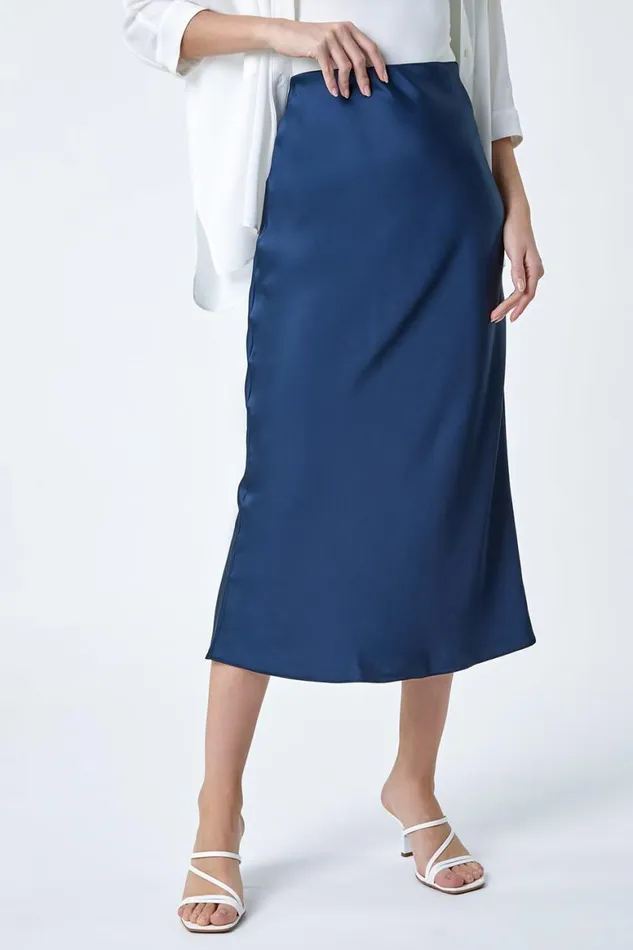 Women Navy Satin Bias Cut Elastic Waist Midi Skirt Roman Skirts