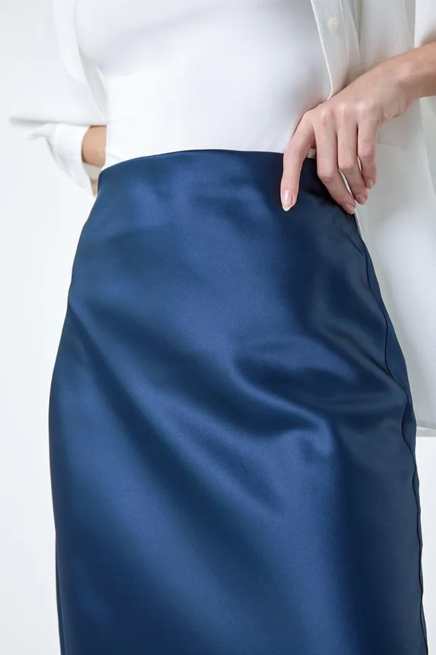 Women Navy Satin Bias Cut Elastic Waist Midi Skirt Roman Skirts