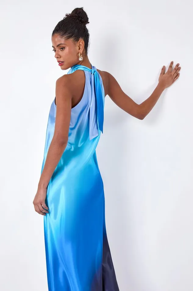 Women Navy Satin Ombre Halterneck Dress Roman Dresses