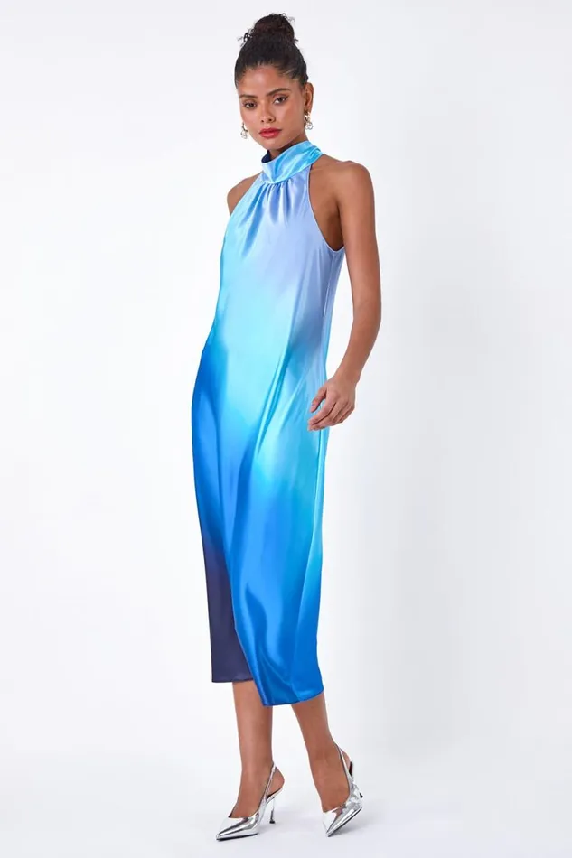 Women Navy Satin Ombre Halterneck Dress Roman Dresses