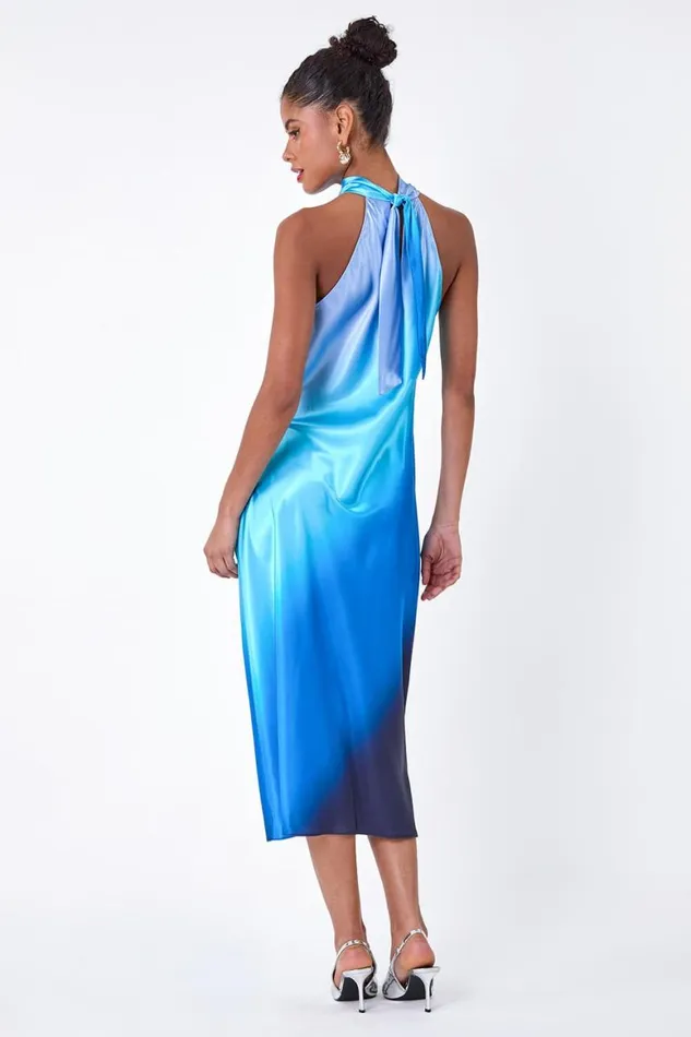 Women Navy Satin Ombre Halterneck Dress Roman Dresses