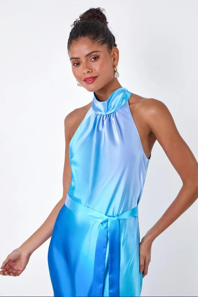 Women Navy Satin Ombre Halterneck Dress Roman Dresses