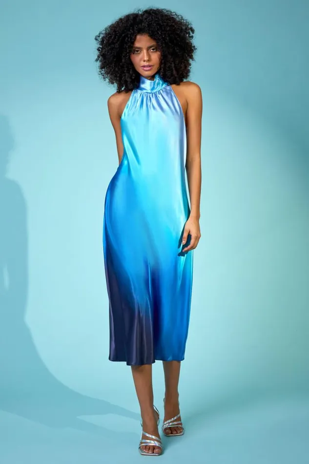 Women Navy Satin Ombre Halterneck Dress Roman Dresses