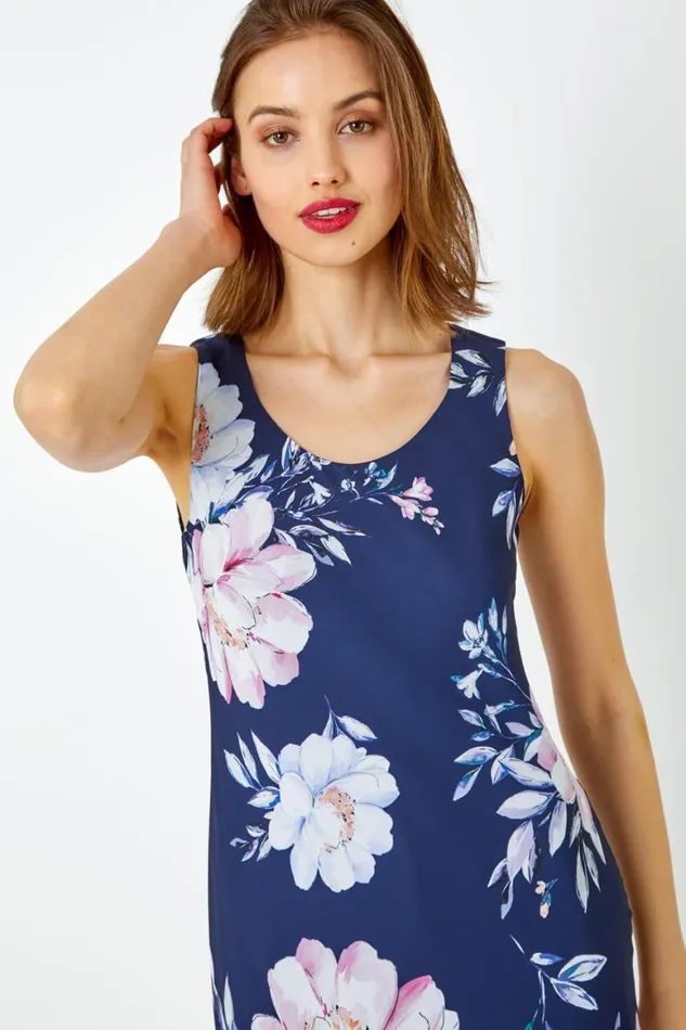 Women Navy Sleeveless Floral Bias Chiffon Midi Dress Roman Dresses