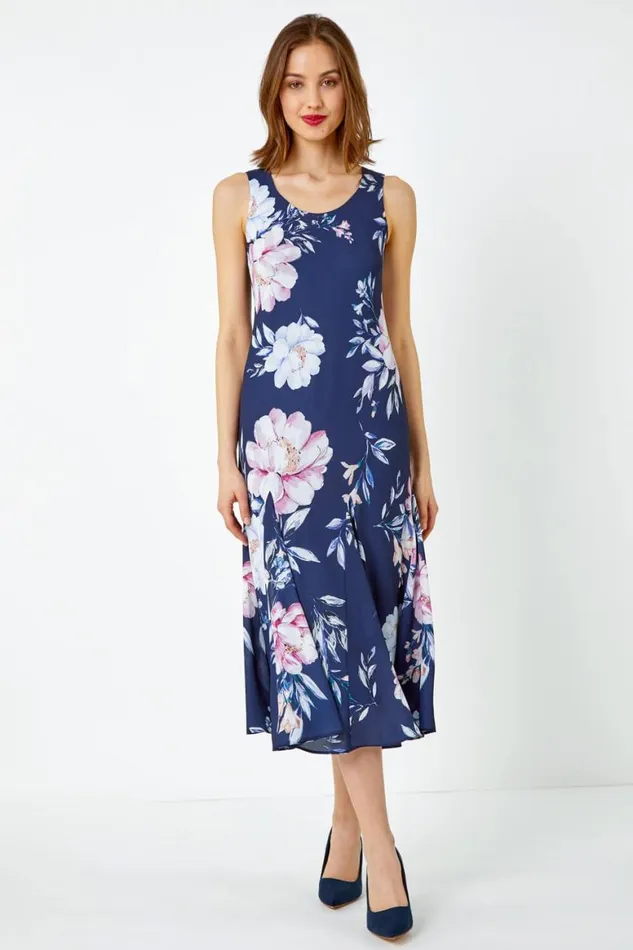 Women Navy Sleeveless Floral Bias Chiffon Midi Dress Roman Dresses