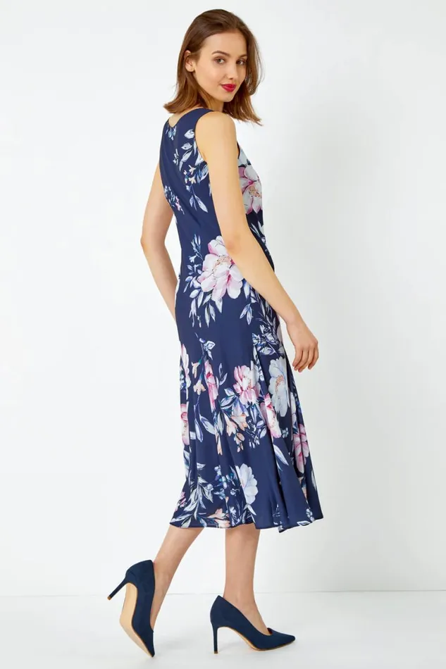 Women Navy Sleeveless Floral Bias Chiffon Midi Dress Roman Dresses