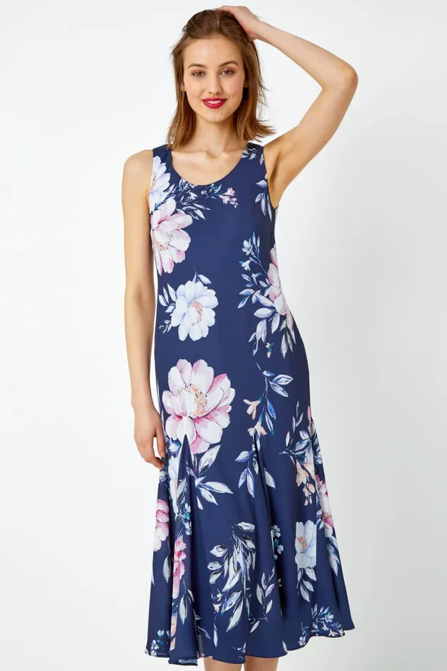 Women Navy Sleeveless Floral Bias Chiffon Midi Dress Roman Dresses