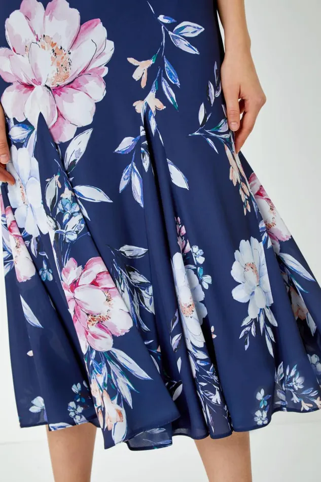 Women Navy Sleeveless Floral Bias Chiffon Midi Dress Roman Dresses