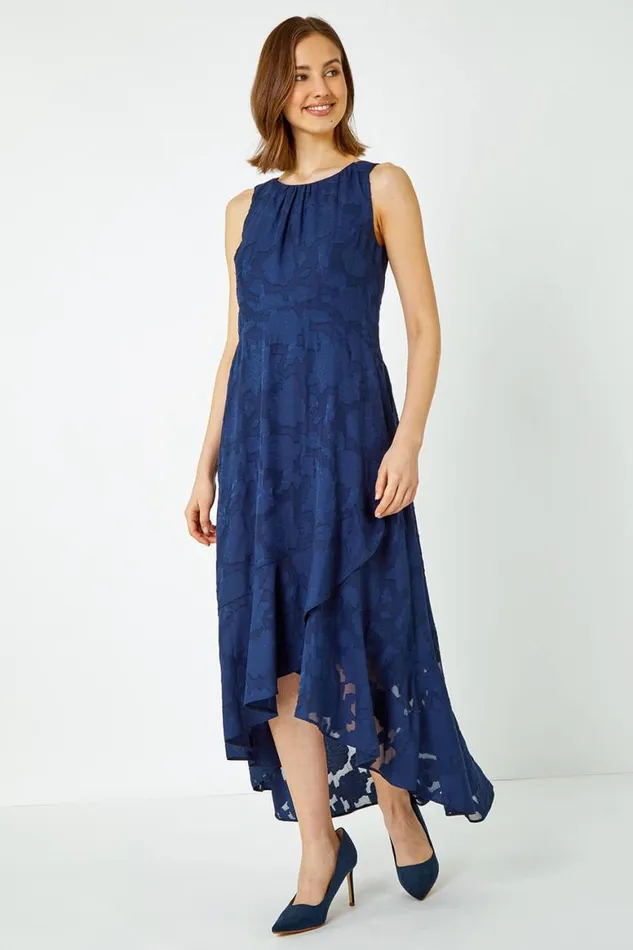 Women Navy Sleeveless Jacquard Dipped Hem Midi Dress Roman Dresses
