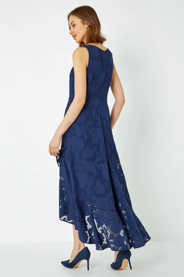 Women Navy Sleeveless Jacquard Dipped Hem Midi Dress Roman Dresses