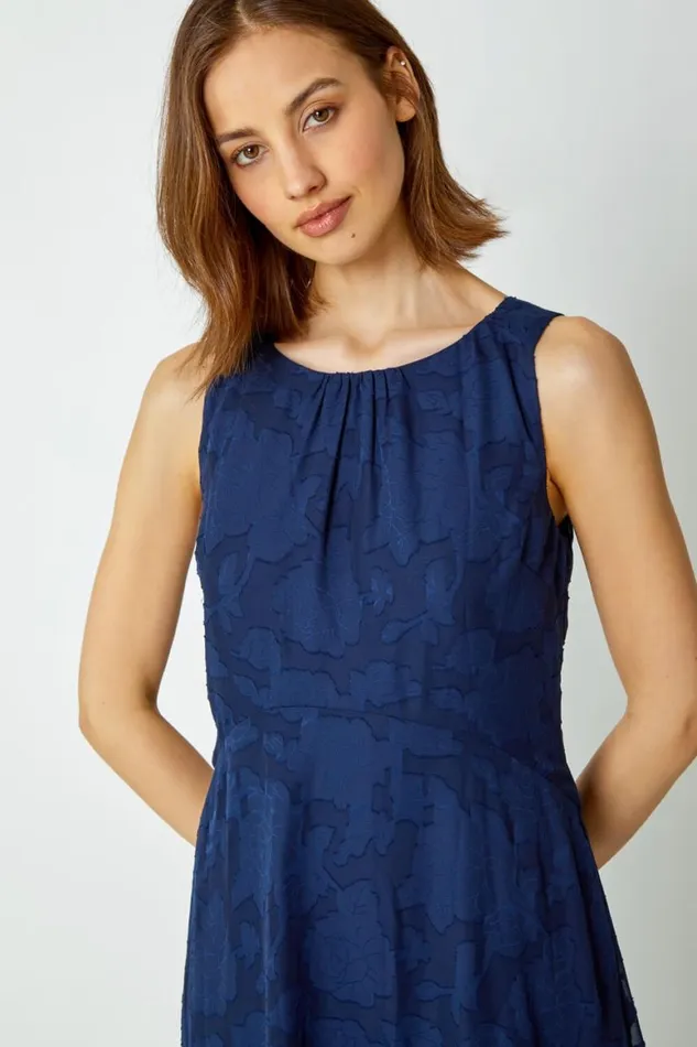 Women Navy Sleeveless Jacquard Dipped Hem Midi Dress Roman Dresses