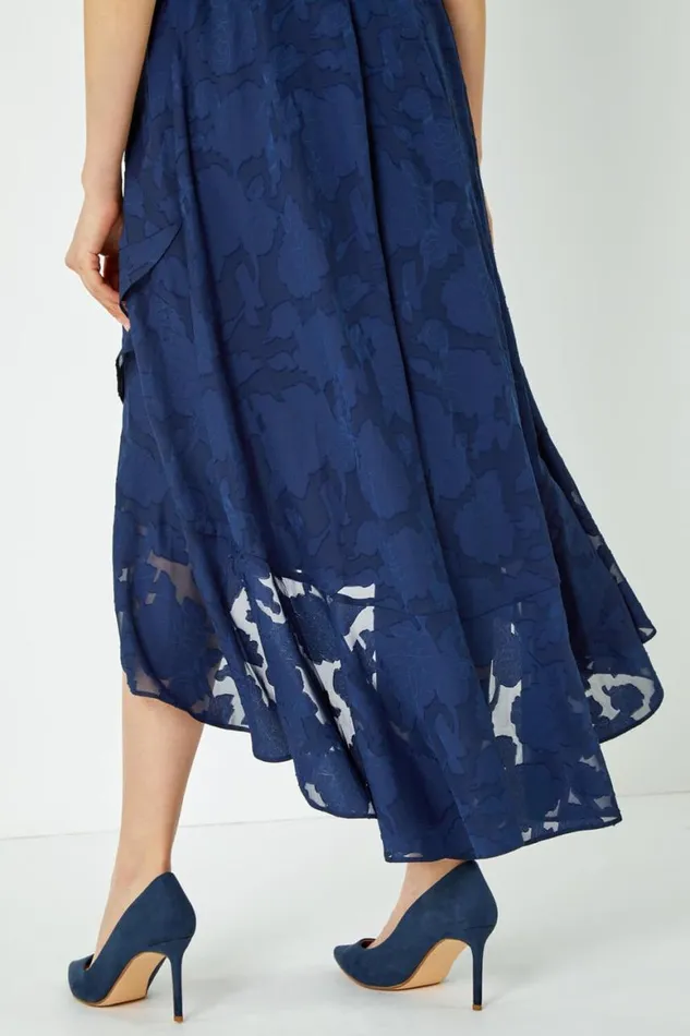 Women Navy Sleeveless Jacquard Dipped Hem Midi Dress Roman Dresses