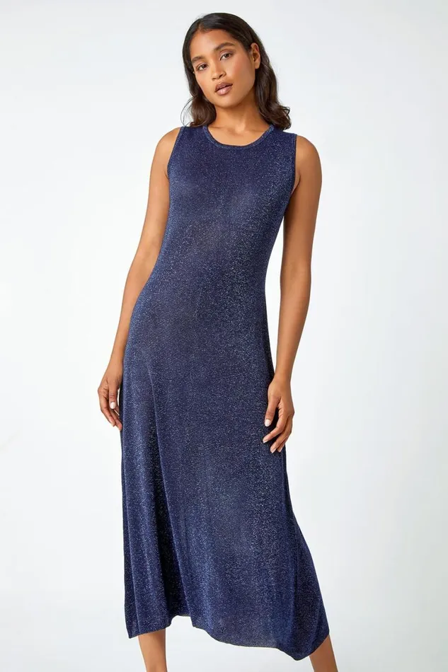 Women Navy Sleeveless Sparkle Knitted Midi Dress Roman Dresses